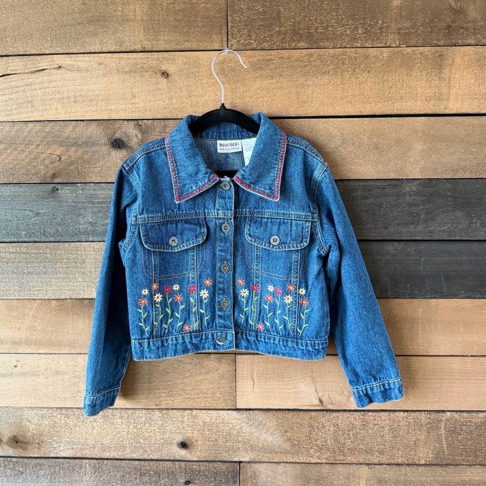Vintage 90s Floral Embroidered Denim Jacket Blueberi Boulevard Cropped